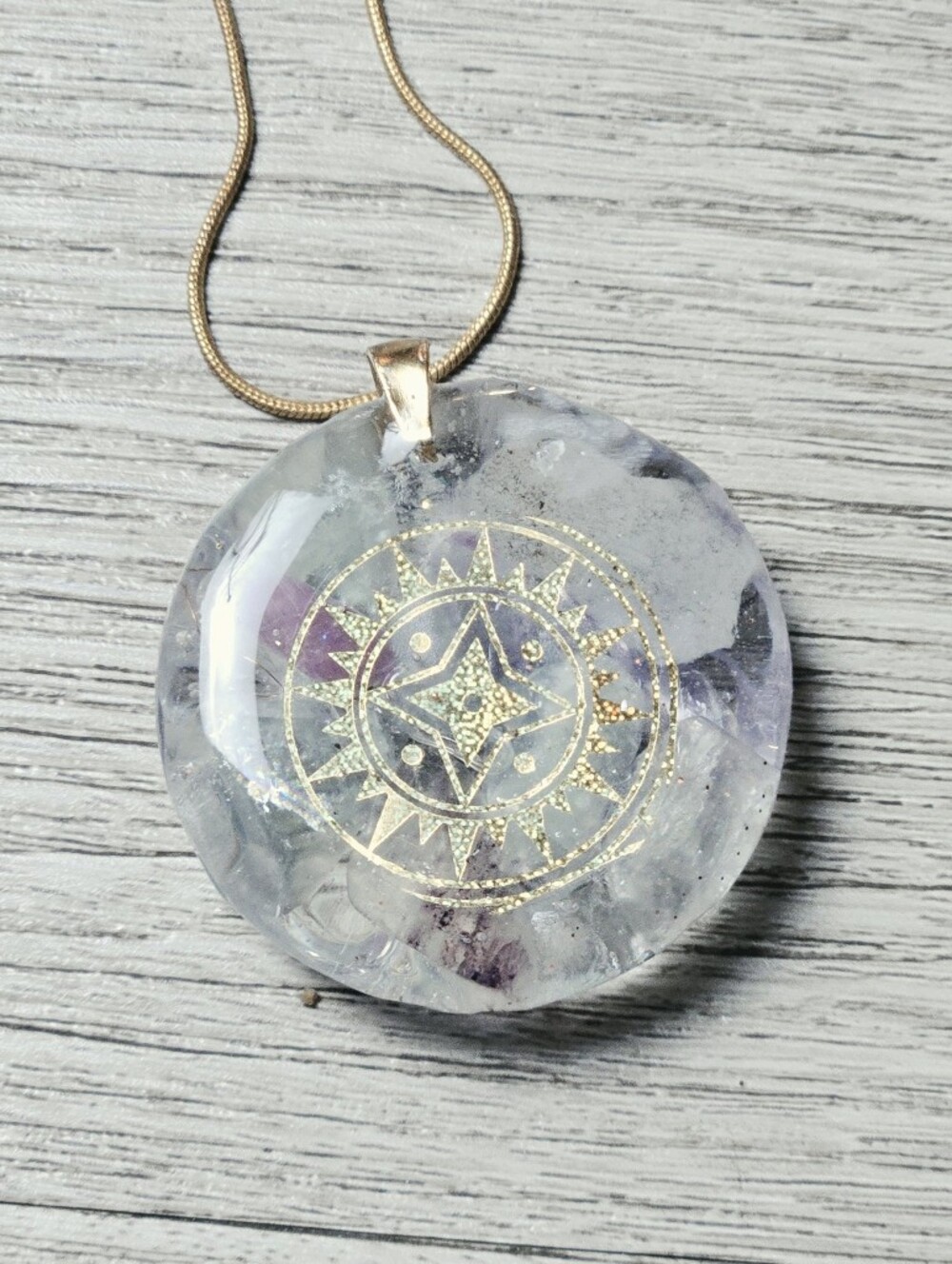 Fluorite Gold Sun Compass Pendant Necklace - Clear with Purple Accents